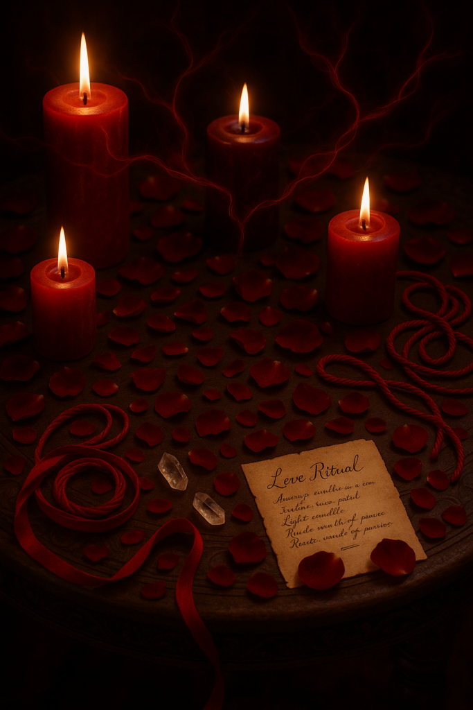 Mistyczna kompozycja z elementami rytuałów miłosnych - egipski papirus z hieroglifami, płonące świece, kryształy, płatki róż i czerwone taśmy na drewnianym stole