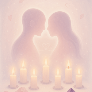 Duchowa ilustracja przedstawiająca rytuał miłosny białej magii - dwie połączone sylwetki w aureoli światła, otoczone pięcioma świecami, kryształami i symbolami serca w pastelowych odcieniach